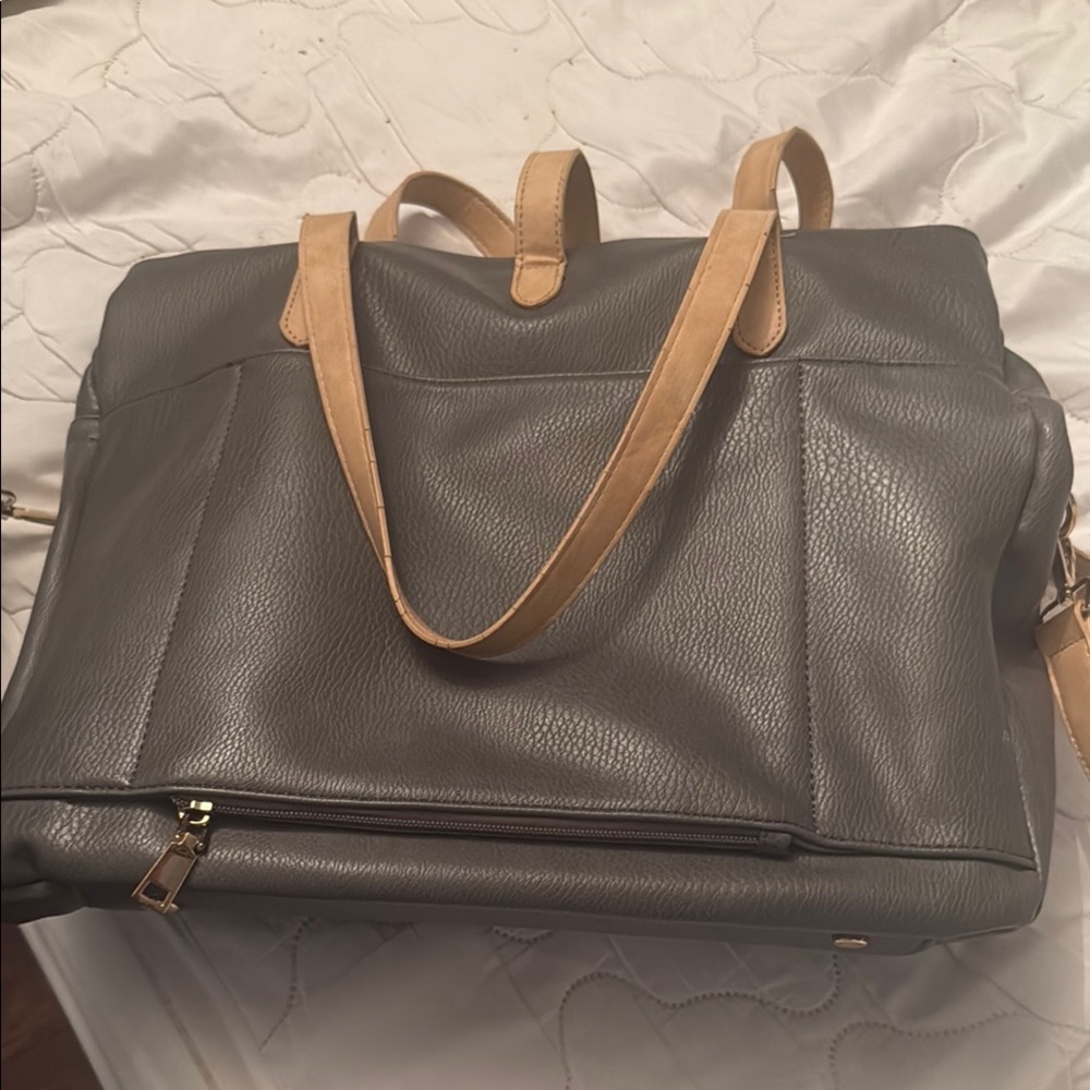 Gray Leather Tote Bag with Tan Straps